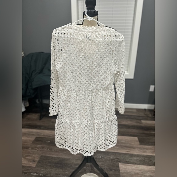 J. Crew Dress XS White Eyelet Tiered V-Neck Long Sleeve Knee Length A-Line - Picture 4 of 6